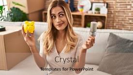  Presentation with piggy bank - PPT theme consisting of young-blonde-woman-holding-led background and a coral colored foreground