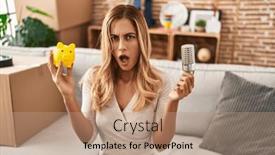  Presentation with piggy bank - PPT theme featuring young-blonde-woman-holding-led background and a coral colored foreground