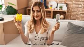  Presentation with piggy bank - Theme featuring young-blonde-woman-holding-led background and a coral colored foreground