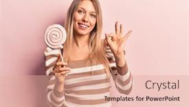  Presentation with lollipop - Amazing PPT theme having young-blonde-woman-holding-lollipop backdrop and a coral colored foreground