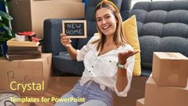  Presentation with new home - PPT theme having young-blonde-woman-holding-new background and a  colored foreground