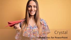  Presentation with yellow paper - Audience pleasing PPT theme consisting of young-blonde-woman-holding-paper backdrop and a coral colored foreground