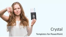  Presentation with blonde holding magnifying glass - Colorful presentation theme enhanced with young blonde woman holding passport backdrop and a cool aqua colored foreground