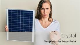  Presentation with photovoltaic - Amazing presentation having young-blonde-woman-holding-photovoltaic backdrop and a  colored foreground