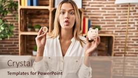  Presentation with piggy bank - Slide set consisting of young-blonde-woman-holding-piggy background and a mint green colored foreground