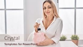  Presentation with keys - PPT layouts having young-blonde-woman-holding-piggy background and a lemonade colored foreground