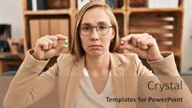  Presentation with woman crying - Theme consisting of young-blonde-woman-holding-pills background and a  colored foreground