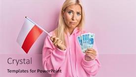  Presentation with blonde holding magnifying glass - Presentation theme having young-blonde-woman-holding-poland background and a  colored foreground