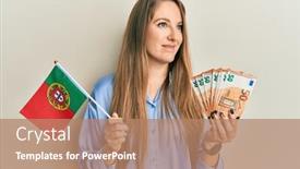  Presentation with banknotes - Presentation design consisting of young-blonde-woman-holding-portugal background and a coral colored foreground