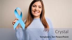  Presentation with cancer prostate - PPT theme with young-blonde-woman-holding-prostate background and a light blue colored foreground