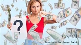  Presentation with question - Cool new slide deck with young-blonde-woman-holding-question backdrop and a sky blue colored foreground