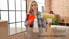  Presentation with paint roller - Theme consisting of young-blonde-woman-holding-roller background and a coral colored foreground