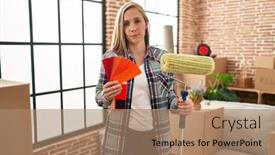  Presentation with paint roller - PPT layouts with young-blonde-woman-holding-roller background and a coral colored foreground