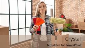  Presentation with paint roller - PPT layouts enhanced with young-blonde-woman-holding-roller background and a coral colored foreground