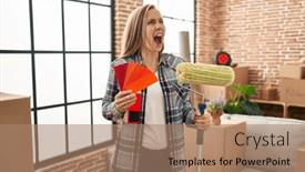  Presentation with paint roller - Presentation theme having young-blonde-woman-holding-roller background and a coral colored foreground