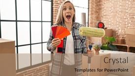  Presentation with paint roller - Presentation theme featuring young-blonde-woman-holding-roller background and a coral colored foreground