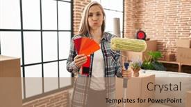  Presentation with paint roller - Theme having young-blonde-woman-holding-roller background and a coral colored foreground