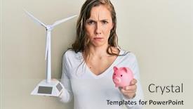  Presentation with solar electricity - Presentation theme with young-blonde-woman-holding-solar background and a light gray colored foreground