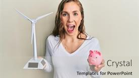  Presentation with solar electricity - Cool new theme with young-blonde-woman-holding-solar backdrop and a light gray colored foreground