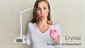  Presentation with solar electricity - PPT layouts having young-blonde-woman-holding-solar background and a light gray colored foreground