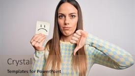  Presentation with woman sad - Amazing PPT layouts having young-blonde-woman-holding-sticky backdrop and a coral colored foreground