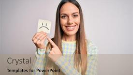  Presentation with woman sad - Presentation design featuring young-blonde-woman-holding-sticky background and a coral colored foreground