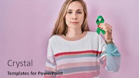  Presentation with ribbon green - Presentation theme having young-blonde-woman-holding-support background and a soft green colored foreground