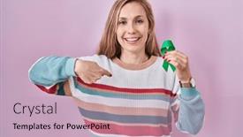  Presentation with ribbon green - PPT theme consisting of young-blonde-woman-holding-support background and a soft green colored foreground