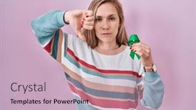  Presentation with ribbon green - Slides having young-blonde-woman-holding-support background and a soft green colored foreground