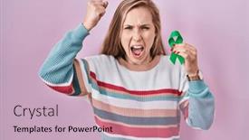  Presentation with ribbon green - Presentation theme with young-blonde-woman-holding-support background and a  colored foreground