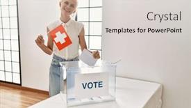  Presentation with voting - Theme consisting of young-blonde-woman-holding-swiss background and a  colored foreground