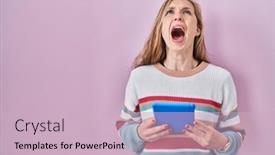  Presentation with blonde holds a magnifying glass - Presentation having young-blonde-woman-holding-touchpad background and a soft green colored foreground