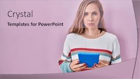 Presentation with negative - Presentation theme having young-blonde-woman-holding-touchpad background and a  colored foreground