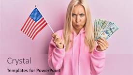  Presentation with united states flag - Slides with young-blonde-woman-holding-united background and a coral colored foreground