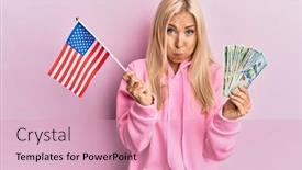  Presentation with united states flag - Presentation design enhanced with young-blonde-woman-holding-united background and a coral colored foreground