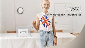  Presentation with united kingdom - PPT theme featuring young-blonde-woman-holding-united background and a  colored foreground