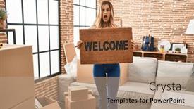 Presentation with welcome - Slide deck with young-blonde-woman-holding-welcome background and a coral colored foreground