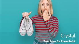  Presentation with mouth - Colorful slide deck enhanced with young-blonde-woman-holding-white backdrop and a teal colored foreground