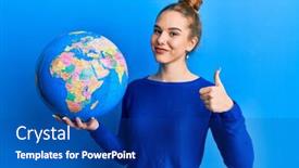  Presentation with woman world - Presentation theme consisting of young-blonde-woman-holding-world background and a ocean colored foreground
