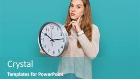  Presentation with clock face - Slide set having young-blonde-woman-holding background and a teal colored foreground