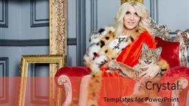 Presentation with crown - Colorful presentation theme enhanced with young blonde woman in red cloak and crown sits in armchair with lynx cub backdrop and a red colored foreground