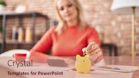  Presentation with piggy bank - Presentation having young-blonde-woman-inserting-coin background and a coral colored foreground