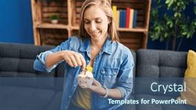  Presentation with bank - Slides consisting of young-blonde-woman-inserting-coin background and a ocean colored foreground