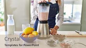  Presentation with smoothie - Theme with young-blonde-woman-liquefying-smoothie background and a coral colored foreground