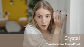  Presentation with listening - Presentation theme featuring young-blonde-woman-listening-through background and a coral colored foreground