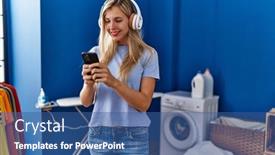  Presentation with listening woman - Slide set with young-blonde-woman-listening background and a ocean colored foreground