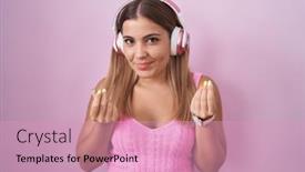  Presentation with music business - PPT theme consisting of young-blonde-woman-listening background and a coral colored foreground