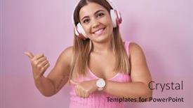  Presentation with listening woman - Presentation theme having young-blonde-woman-listening background and a coral colored foreground