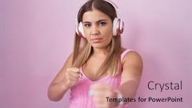  Presentation with violence woman - Presentation theme featuring young-blonde-woman-listening background and a coral colored foreground