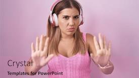  Presentation with listening woman - PPT theme featuring young-blonde-woman-listening background and a coral colored foreground
